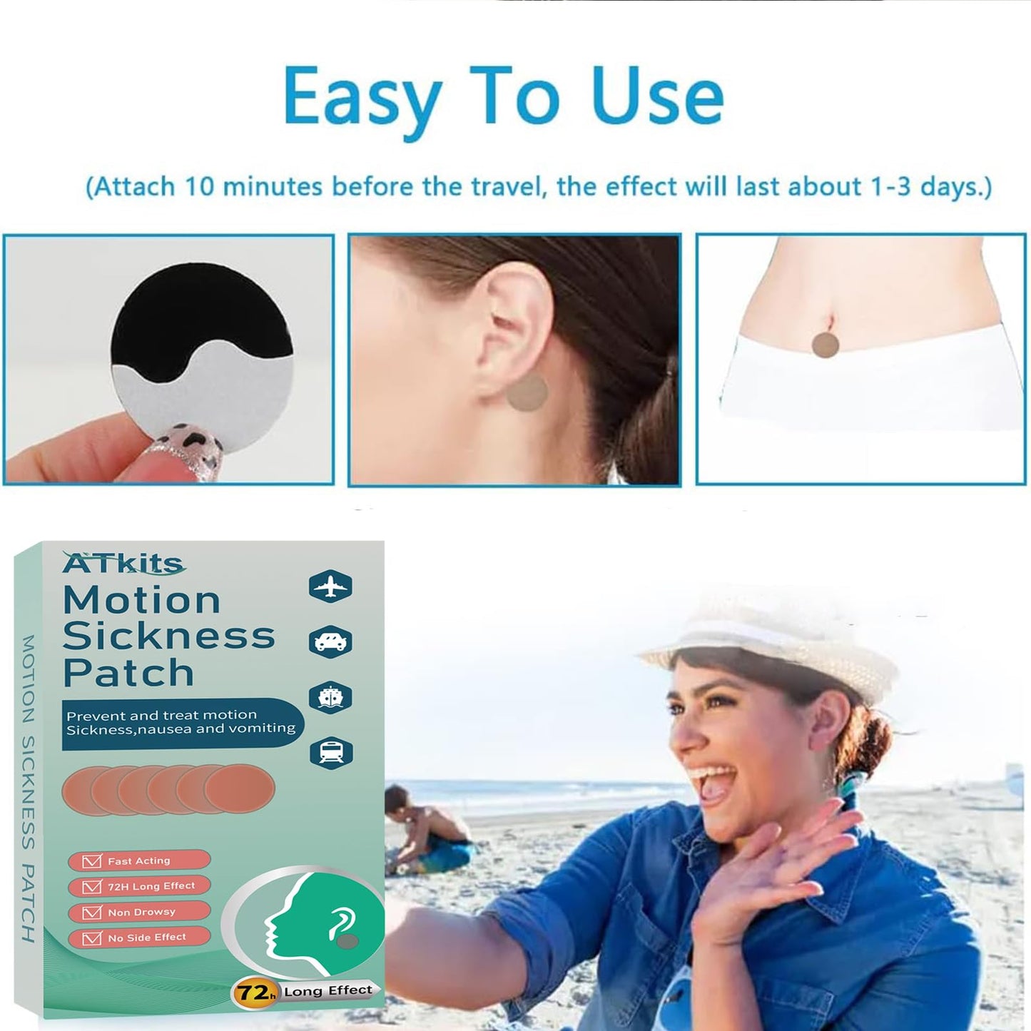 ATkits 40PCS Motion Sickness Patches — Natural Nausea Relief for Travel (Cruise, Car, Flight)
