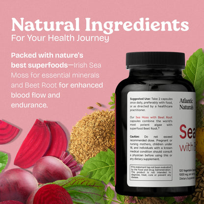 Atlantic Naturals Sea Moss with Beet Root Capsules – Premium Irish Sea Moss Multivitamin (120 ct) | Immune Support, Circulation & Athletic Performance