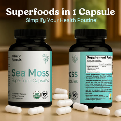 Atlantic Naturals Sea Moss Capsules with Moringa, Ashwagandha, Black Seed Oil, Ginger & Ginseng – 120 Count