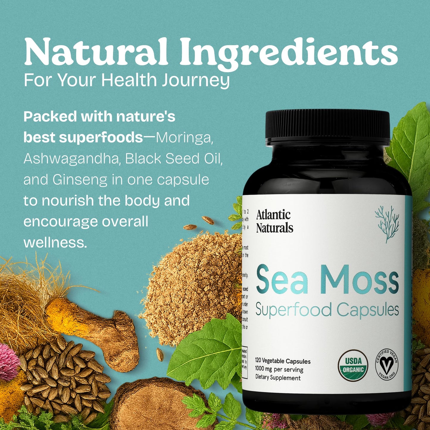 Atlantic Naturals Sea Moss Capsules with Moringa, Ashwagandha, Black Seed Oil, Ginger & Ginseng – 120 Count