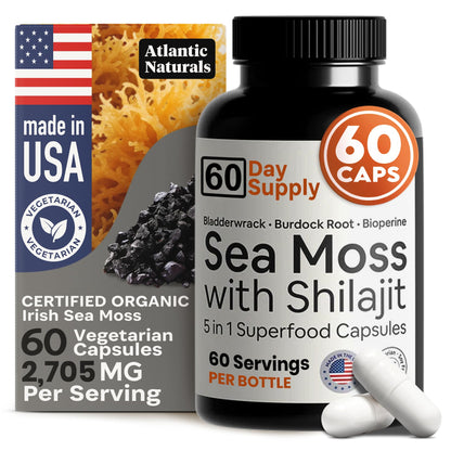 Atlantic Naturals Sea Moss + Shilajit Capsules – 5-in-1 Blend with Bladderwrack, Burdock Root & Black Pepper (60 ct, 2705 mg)