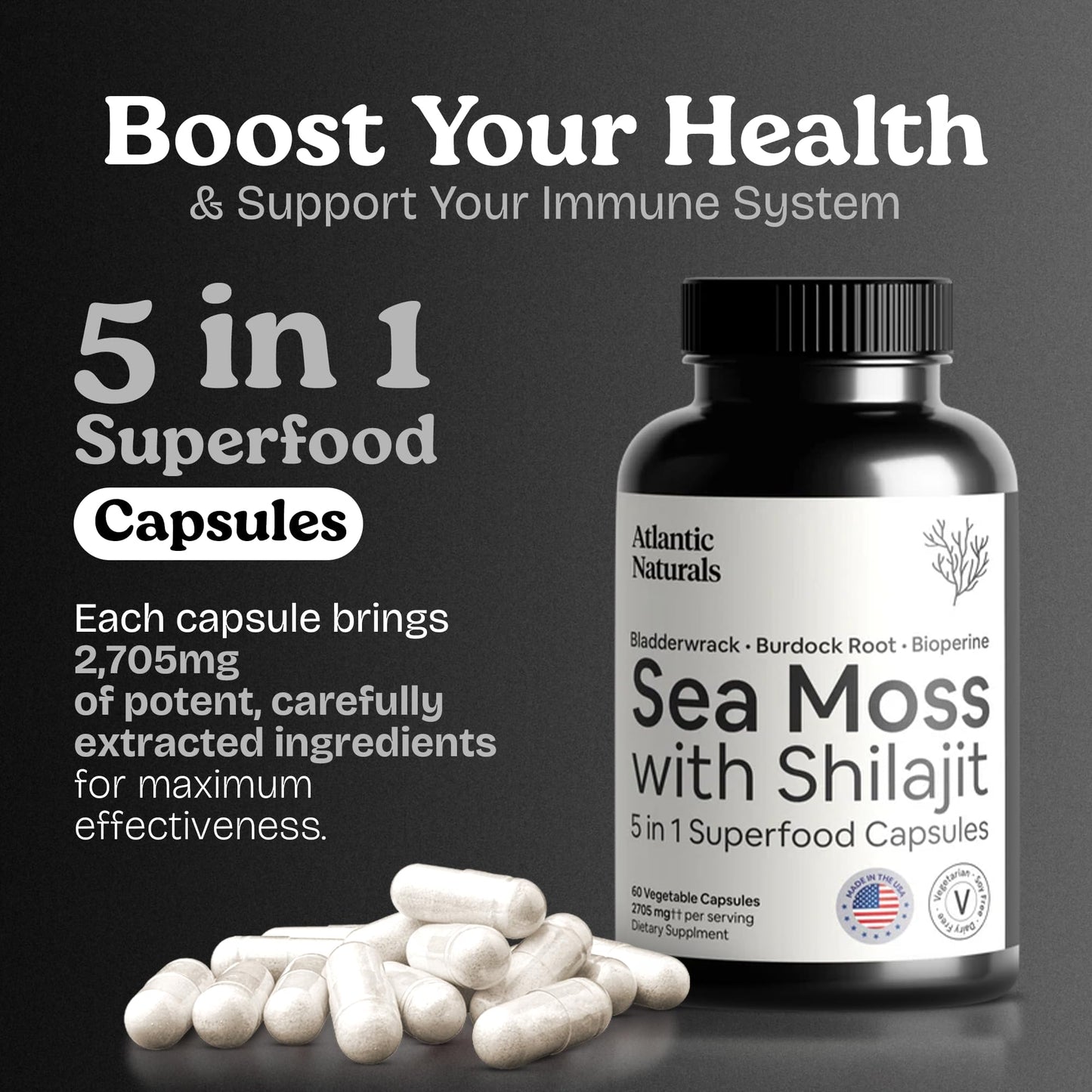 Atlantic Naturals Sea Moss + Shilajit Capsules – 5-in-1 Blend with Bladderwrack, Burdock Root & Black Pepper (60 ct, 2705 mg)