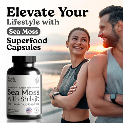 Atlantic Naturals Sea Moss + Shilajit Capsules – 5-in-1 Blend with Bladderwrack, Burdock Root & Black Pepper (60 ct, 2705 mg)