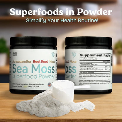 Atlantic Naturals Sea Moss Superfood Powder with Ashwagandha, Beet Root & Maca – Vanilla (150g)