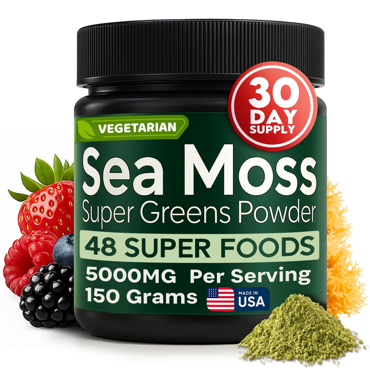 Atlantic Naturals Sea Moss Super Greens Powder – Mixed Berry (12 Veg, 15 Fruits, Probiotics, 16 Herbs)