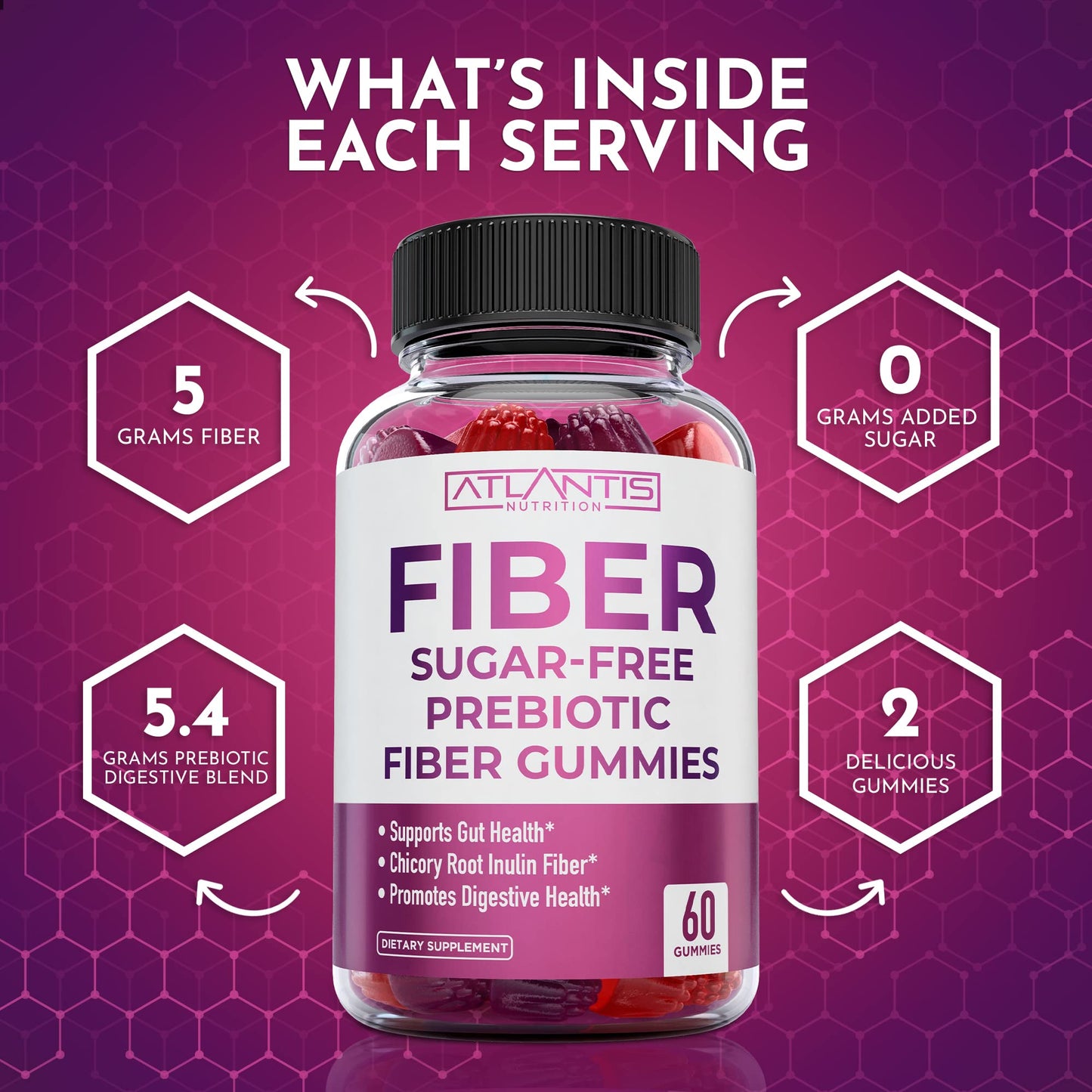 Atlantis Nutrition Sugar Free Fiber Gummies for Adults – 5G Fiber + 5.4G Prebiotic Digestive Blend (2-Pack, 120 Gummies)