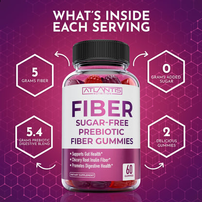 Atlantis Nutrition Sugar Free Fiber Gummies for Adults – 5G Fiber + 5.4G Prebiotic Digestive Blend (2-Pack, 120 Gummies)