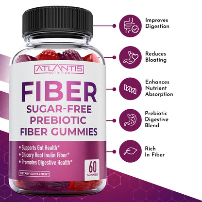 Atlantis Nutrition Sugar Free Fiber Gummies for Adults – 5G Fiber + 5.4G Prebiotic Digestive Blend (2-Pack, 120 Gummies)