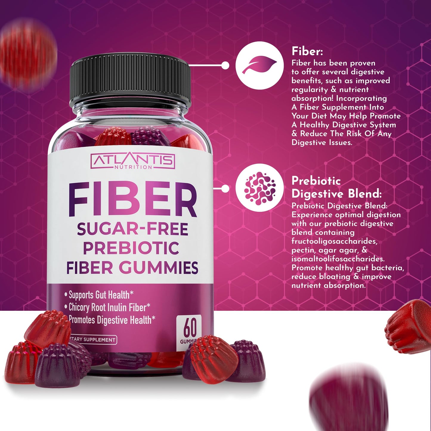 Atlantis Nutrition Sugar Free Fiber Gummies for Adults – 5G Fiber + 5.4G Prebiotic Digestive Blend (2-Pack, 120 Gummies)