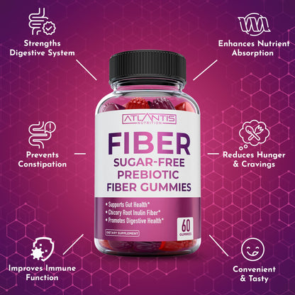 Atlantis Nutrition Sugar Free Fiber Gummies for Adults – 5G Fiber + 5.4G Prebiotic Digestive Blend (2-Pack, 120 Gummies)