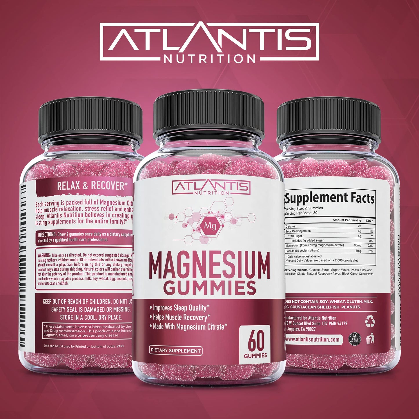 Atlantis Nutrition Magnesium Citrate Gummies – 770mg Magnesium Citrate for Kids & Adults | Supports Muscle Recovery, Eases Cramps, Promotes Calmness & Better Sleep | 60 Vegan Gummies