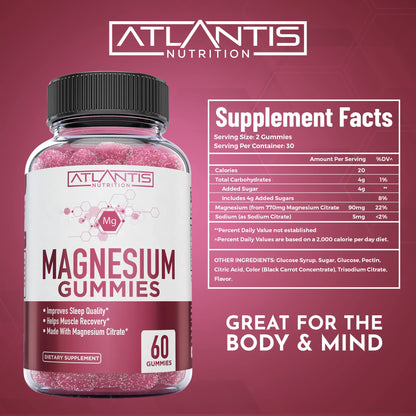 Atlantis Nutrition Magnesium Citrate Gummies – 770mg Magnesium Citrate for Kids & Adults | Supports Muscle Recovery, Eases Cramps, Promotes Calmness & Better Sleep | 60 Vegan Gummies