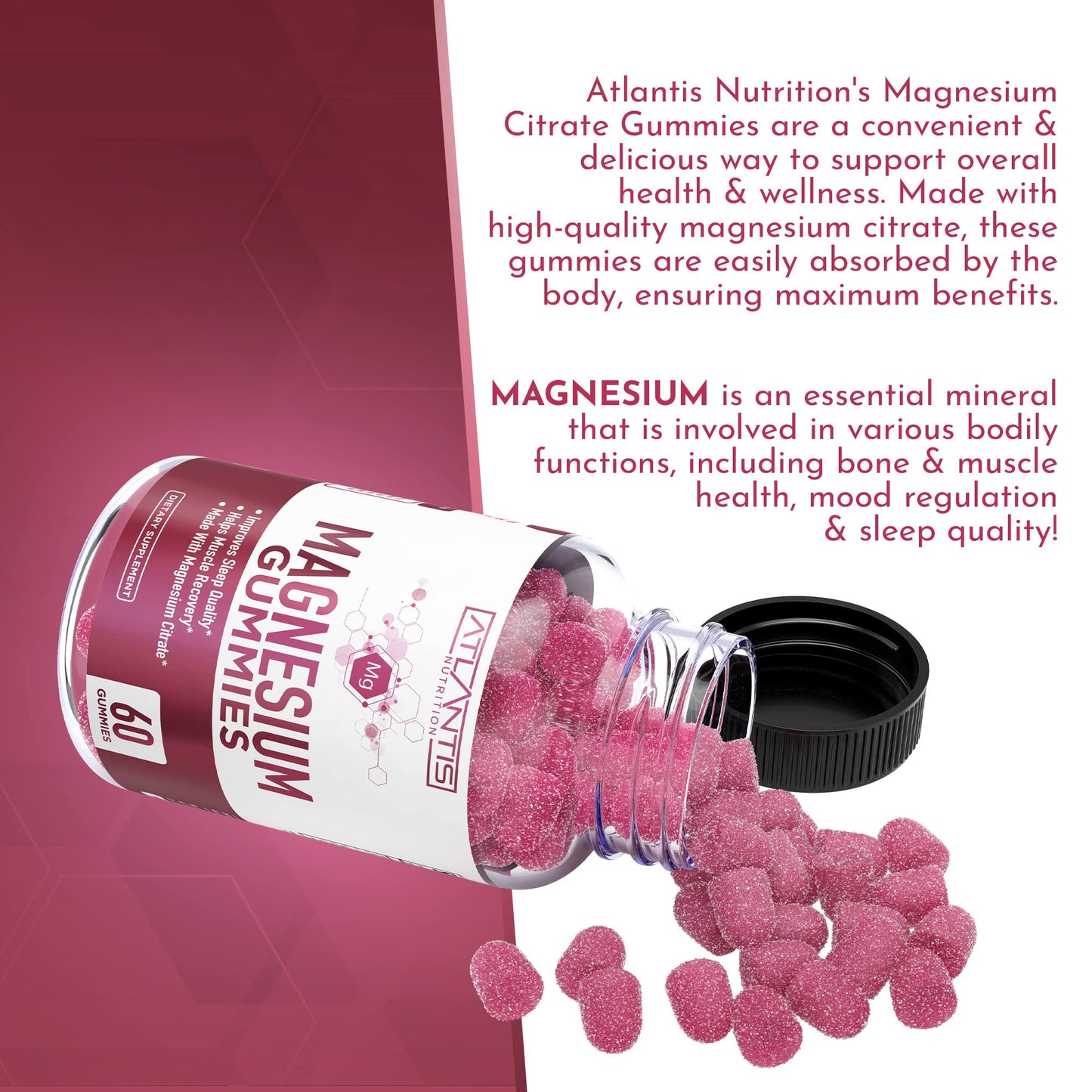 Atlantis Nutrition Magnesium Citrate Gummies – 770mg Magnesium Citrate for Kids & Adults | Supports Muscle Recovery, Eases Cramps, Promotes Calmness & Better Sleep | 60 Vegan Gummies