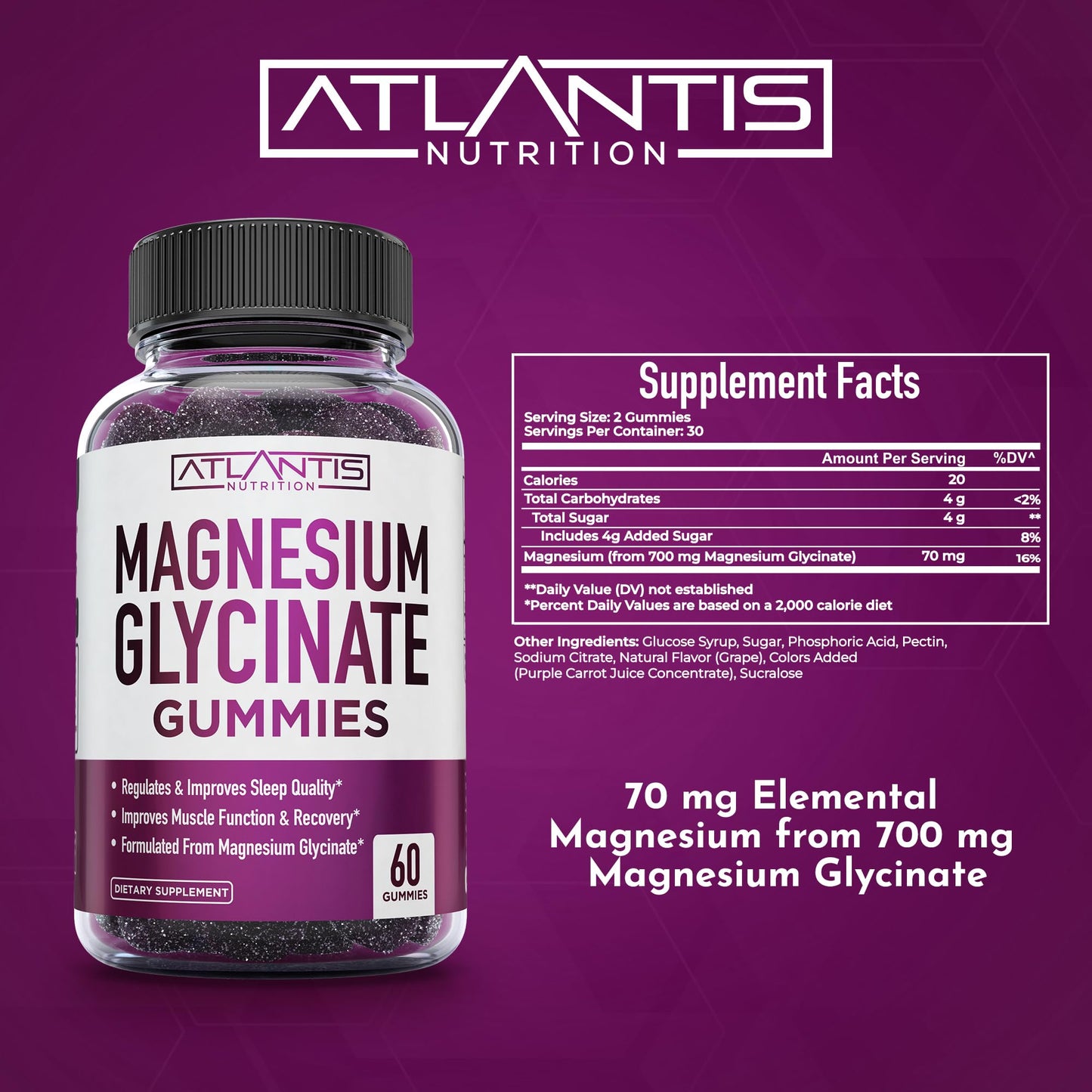 Atlantis Nutrition Magnesium Glycinate Gummies 700mg – Vegan Magnesium Glycinate for Kids & Adults | Sleep & Muscle Support | 60 Count