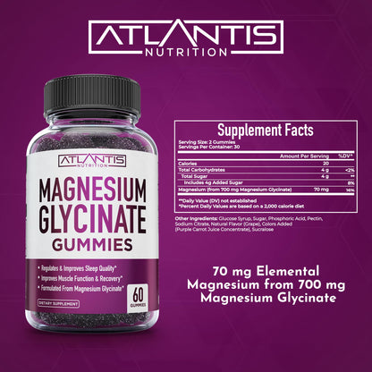 Atlantis Nutrition Magnesium Glycinate Gummies 700mg – Vegan Magnesium Glycinate for Kids & Adults | Sleep & Muscle Support | 60 Count