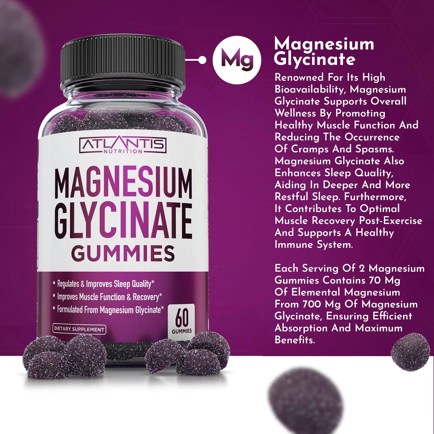 Atlantis Nutrition Magnesium Glycinate Gummies 700mg – Vegan Magnesium Glycinate for Kids & Adults | Sleep & Muscle Support | 60 Count