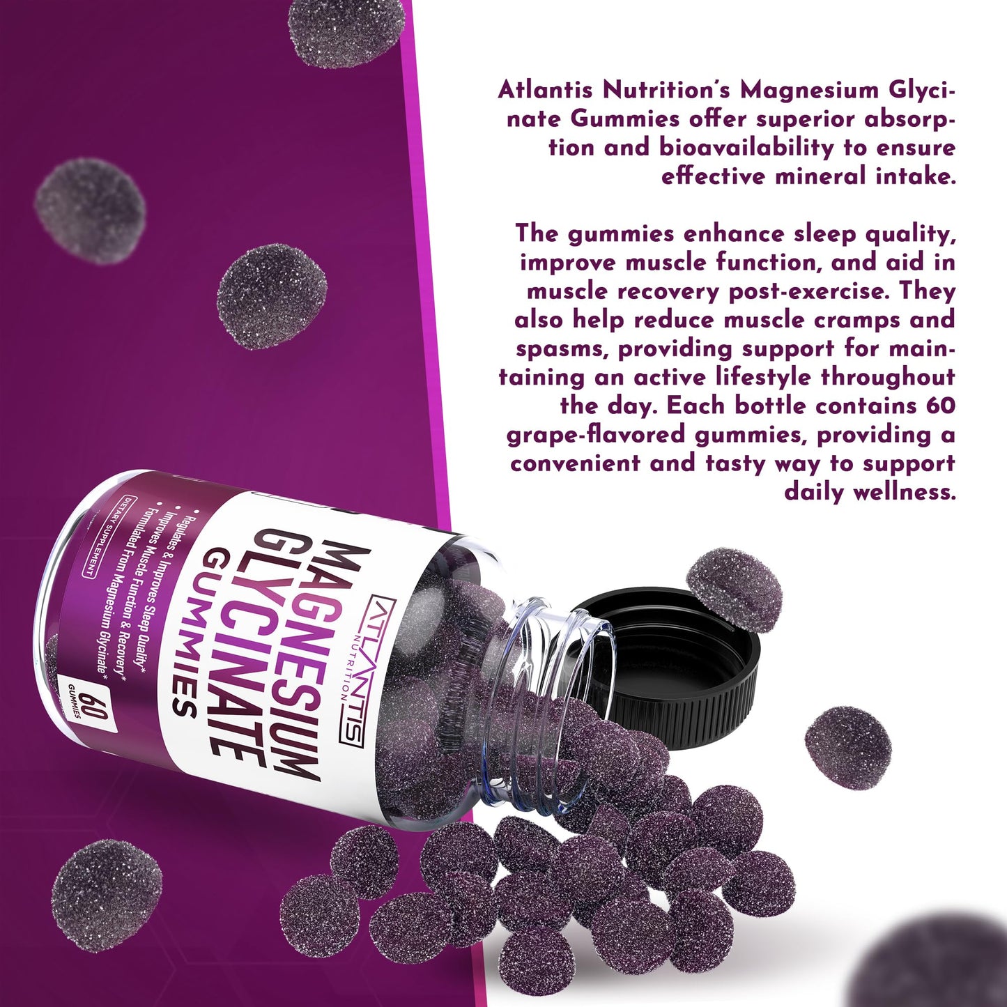 Atlantis Nutrition Magnesium Glycinate Gummies 700mg – Vegan Magnesium Glycinate for Kids & Adults | Sleep & Muscle Support | 60 Count