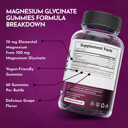 Atlantis Nutrition Magnesium Glycinate Gummies 700mg – Vegan Magnesium Glycinate for Kids & Adults | Sleep & Muscle Support | 60 Count