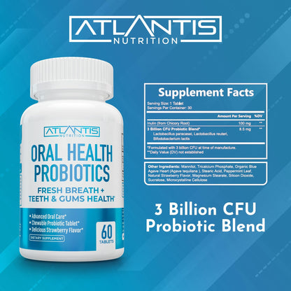 Atlantis Nutrition Oral Probiotics Chewable Tablets – 3 Billion CFU, Strawberry Flavor, Gum & Teeth Care