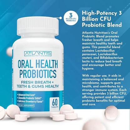 Atlantis Nutrition Oral Probiotics Chewable Tablets – 3 Billion CFU, Strawberry Flavor, Gum & Teeth Care