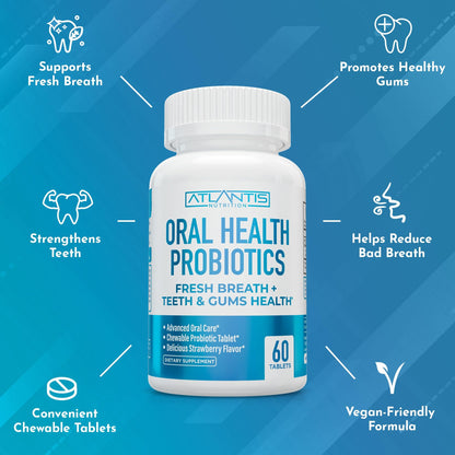 Atlantis Nutrition Oral Probiotics Chewable Tablets – 3 Billion CFU, Strawberry Flavor, Gum & Teeth Care