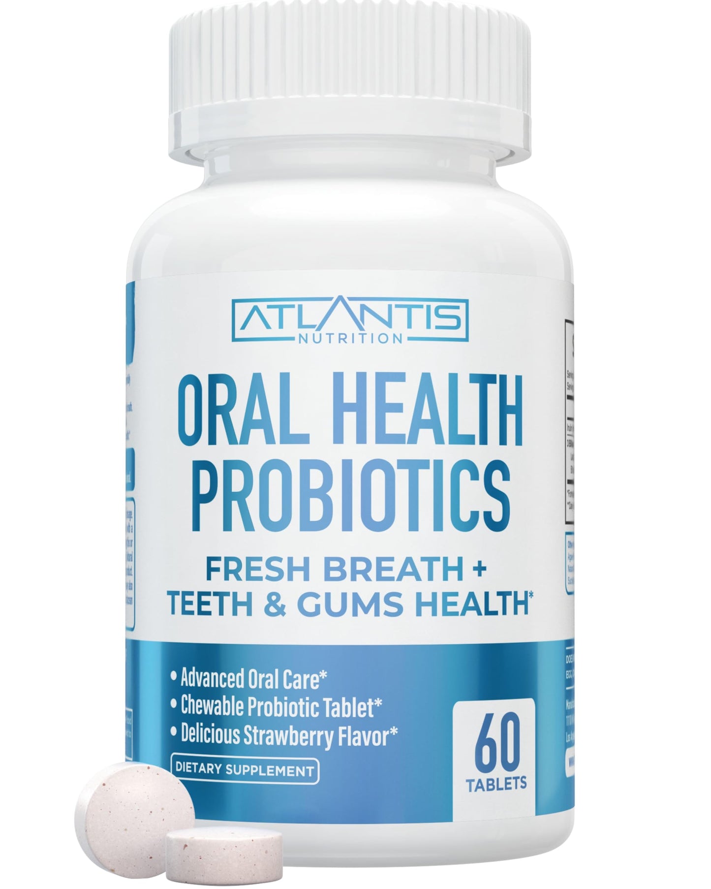 Atlantis Nutrition Oral Probiotics Chewable Tablets – 3 Billion CFU, Strawberry Flavor, Gum & Teeth Care