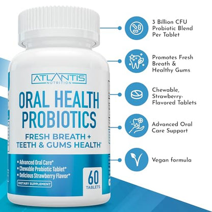 Atlantis Nutrition Oral Probiotics Chewable Tablets – 3 Billion CFU, Strawberry Flavor, Gum & Teeth Care