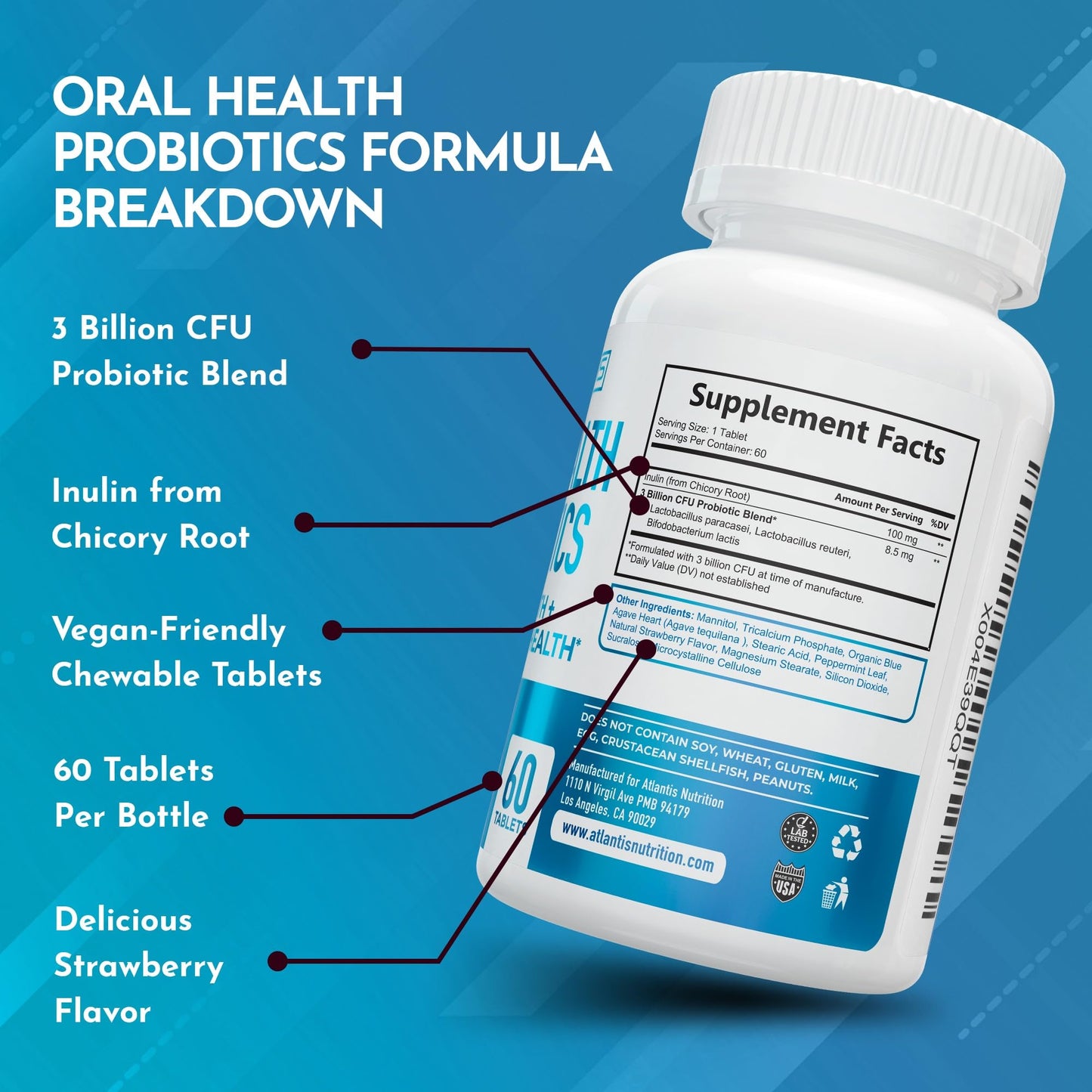 Atlantis Nutrition Oral Probiotics Chewable Tablets – 3 Billion CFU, Strawberry Flavor, Gum & Teeth Care