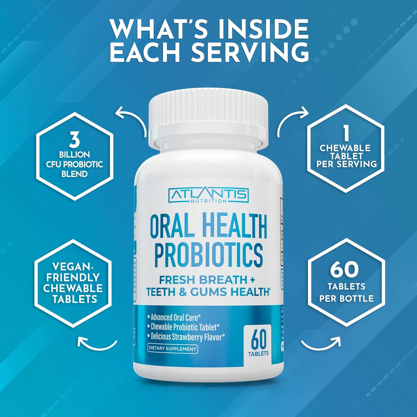 Atlantis Nutrition Oral Probiotics Chewable Tablets – 3 Billion CFU, Strawberry Flavor, Gum & Teeth Care