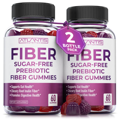 Atlantis Nutrition Sugar Free Fiber Gummies for Adults – 5G Fiber + 5.4G Prebiotic Digestive Blend (2-Pack, 120 Gummies)