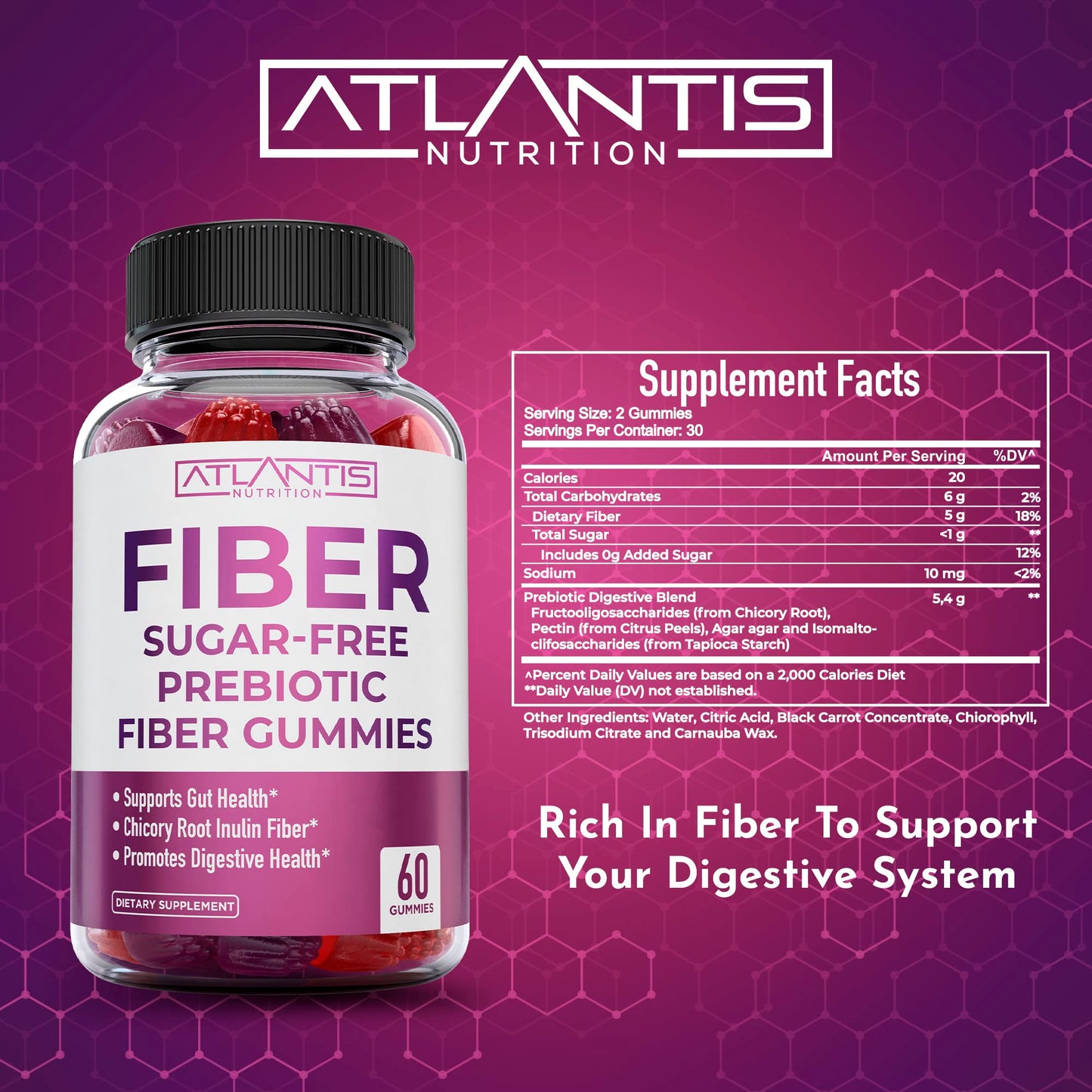 Atlantis Nutrition Sugar Free Fiber Gummies for Adults – 5G Fiber + 5.4G Prebiotic Digestive Blend (2-Pack, 120 Gummies)