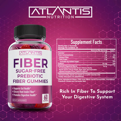 Atlantis Nutrition Sugar Free Fiber Gummies for Adults – 5G Fiber + 5.4G Prebiotic Digestive Blend (2-Pack, 120 Gummies)