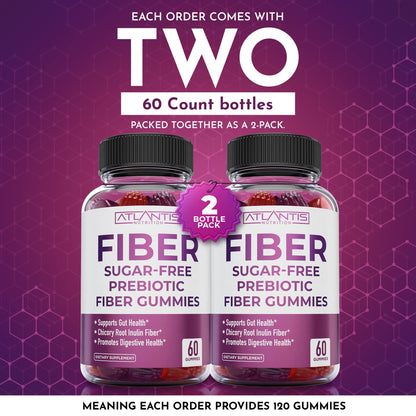 Atlantis Nutrition Sugar Free Fiber Gummies for Adults – 5G Fiber + 5.4G Prebiotic Digestive Blend (2-Pack, 120 Gummies)