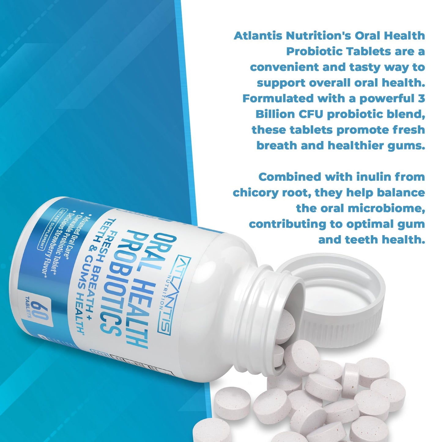 Atlantis Nutrition Oral Probiotics Chewable Tablets – 3 Billion CFU, Strawberry Flavor, Gum & Teeth Care