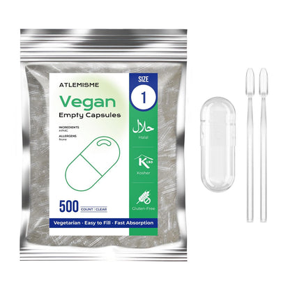 ATLEMISME Empty Vegan Capsules Size 1 – 500-Count DIY Capsules for Filling | Includes 2 Micro Lab Spoons