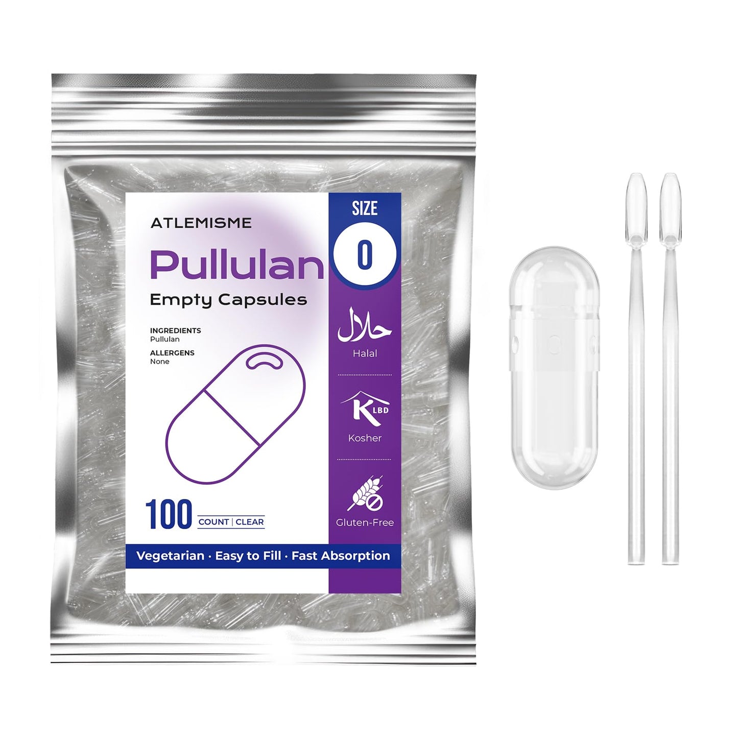 ATLEMISME Pullulan Empty Capsules Size 0 – Vegan, 100 Count