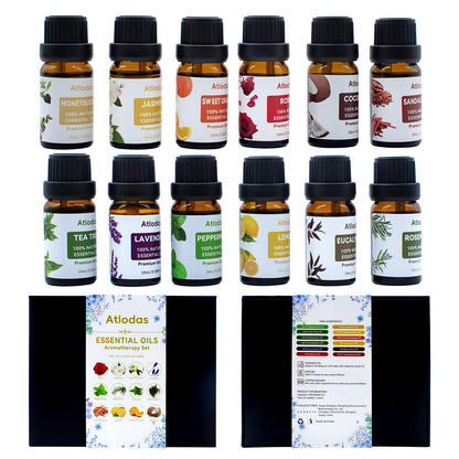 Atlodas 12 Natural Essential Oils Set | Organic Diffuser Aromatherapy Oils