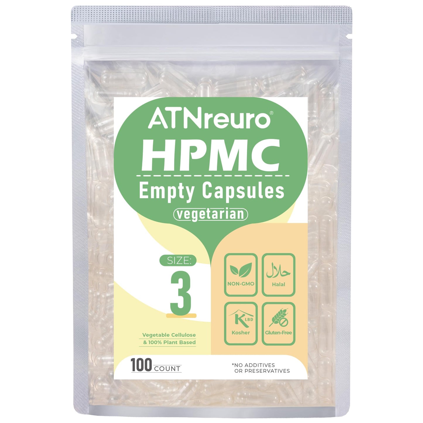 ATNreuro Empty Vegan Capsules Size 3 – 100 Count, 100% Vegetable Cellulose, Non-GMO