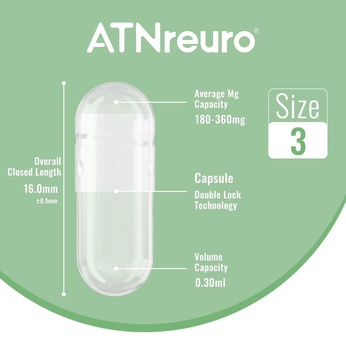 ATNreuro Empty Vegan Capsules Size 3 – 100 Count, 100% Vegetable Cellulose, Non-GMO