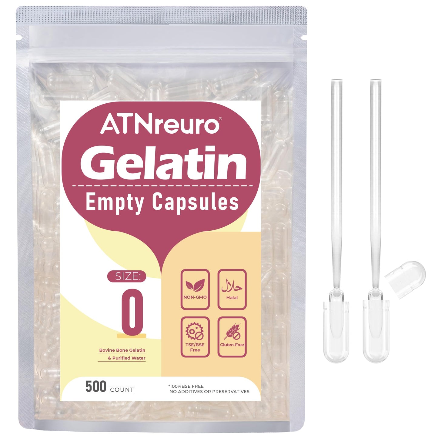 ATNreuro Size 0 Empty Gelatin Capsules – 500 Count with 2 Micro Spoons