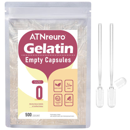 ATNreuro Size 0 Empty Gelatin Capsules – 500 Count with 2 Micro Spoons