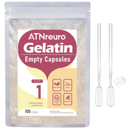 ATNreuro Size 1 Empty Gelatin Capsules – 100 Count Clear Capsule with 2 Micro Spoons for Powders & Supplements