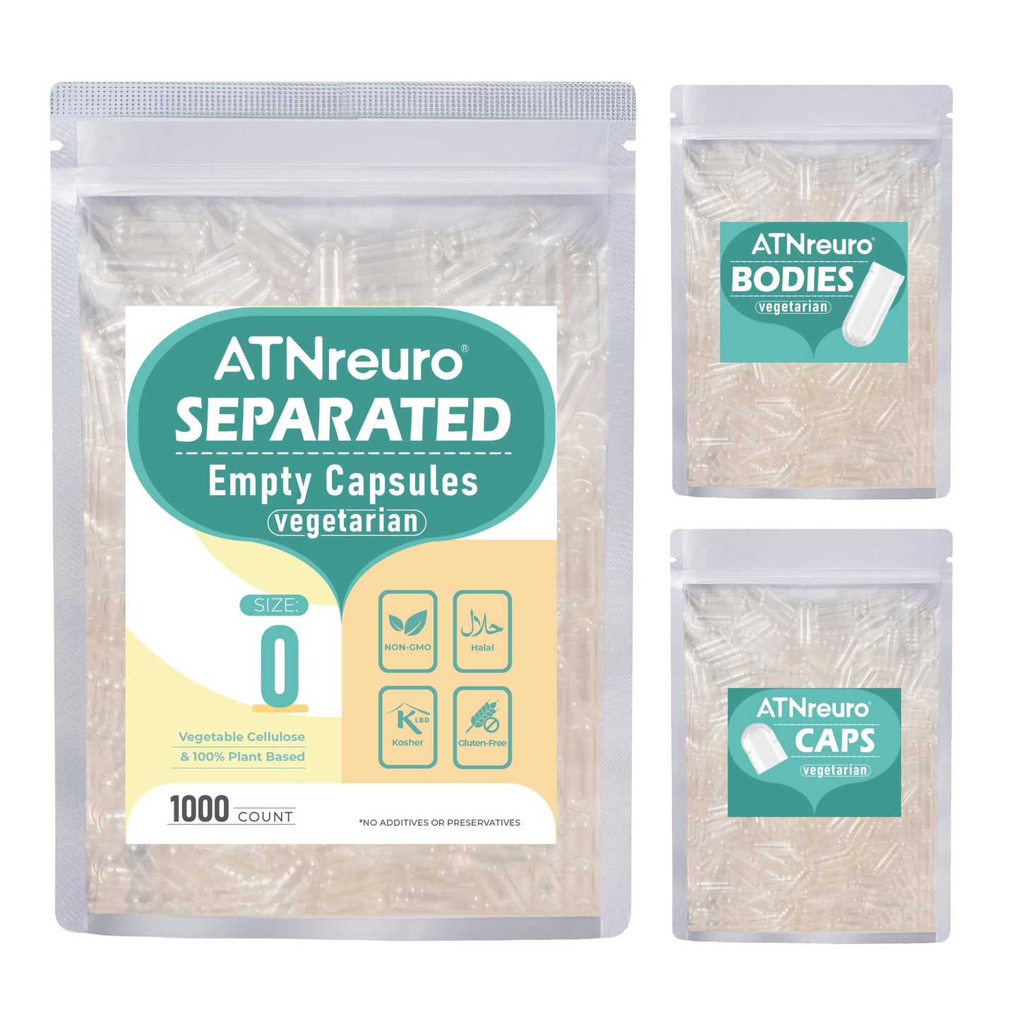ATNreuro Vegan Separated Empty Capsules Size 0 (1000 Count) | HPMC Pill Capsules for DIY Supplement Filling