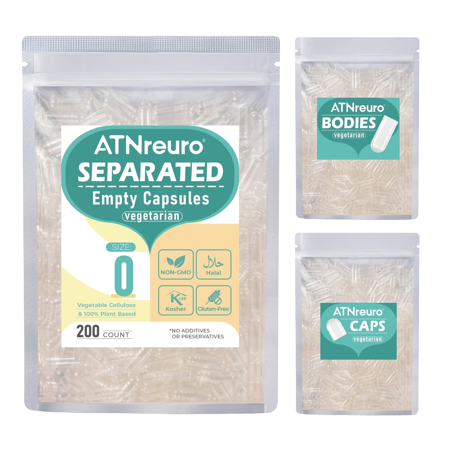 ATNreuro Vegan Separated Empty Capsules Size 0 (200 Count)