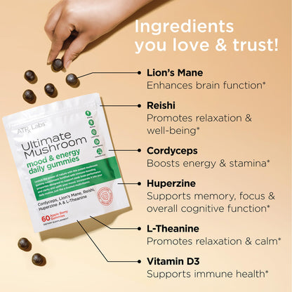 ATRx Labs Ultimate Mushroom Daily Gummies – Cordyceps, Lion's Mane, Reishi (60 ct)