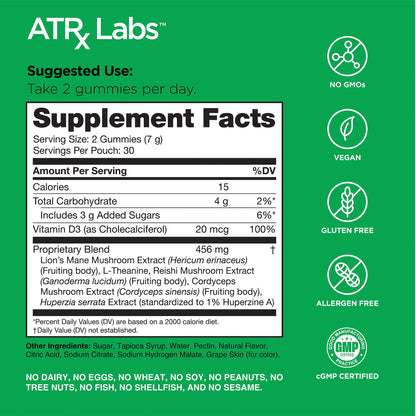 ATRx Labs Ultimate Mushroom Daily Gummies – Cordyceps, Lion's Mane, Reishi (60 ct)
