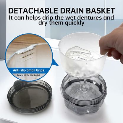 Leak Proof Denture Cups - Travel Bath Case with Brush, Transparent Black