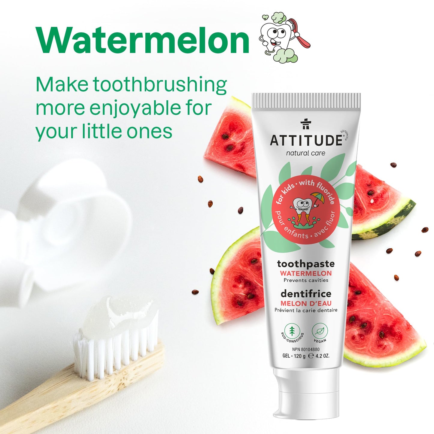 ATTITUDE Fluoride Toothpaste – Vegan, Cruelty-Free, Sugar-Free, Watermelon 4.2 oz