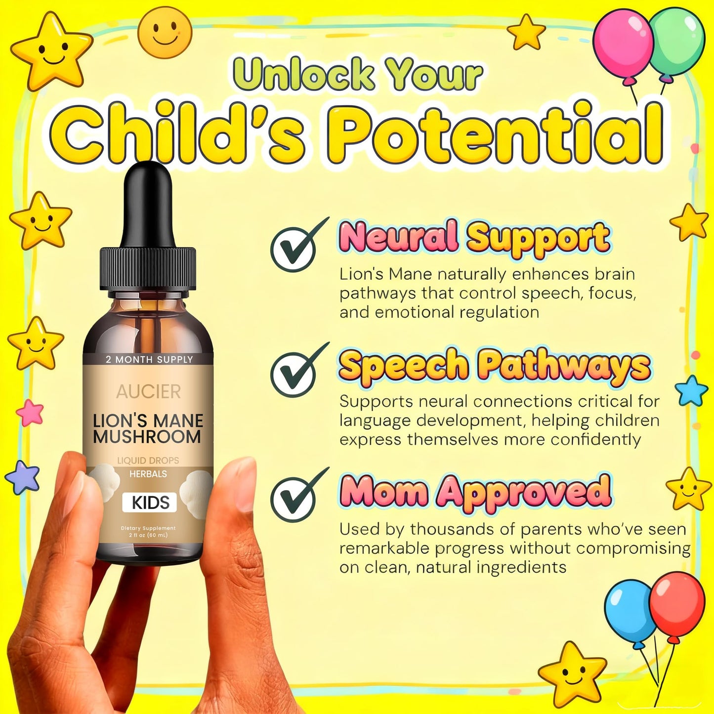 AUCIER Lions Mane for Kids – Speech Delay & Cognitive Support (Easy-Take Liquid)