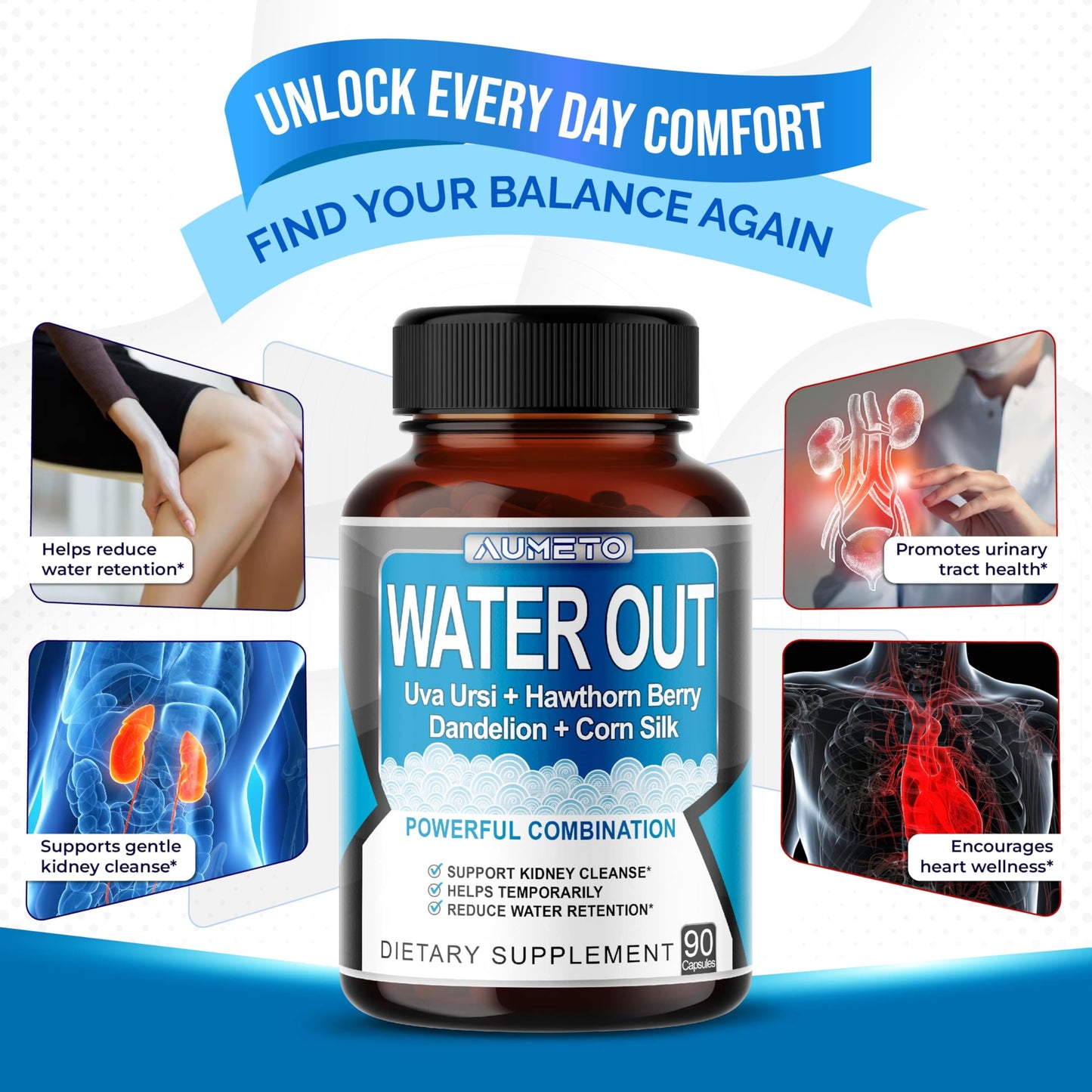 AUMETO Water Out Pills – Uva Ursi, Hawthorn Berry, Dandelion & Corn Silk (90 Count) – Kidney & Stomach Support
